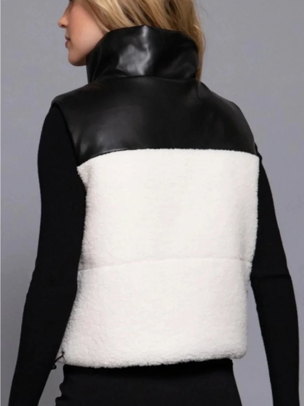 Women’s Black & White Fur Puffer Vest with Vegan Leather Reversible Large NWT - Picture 5 of 7